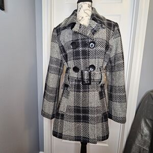 Ricki's Women's Wool Blend Pea Coat Belted Size M Gray Black Plaid